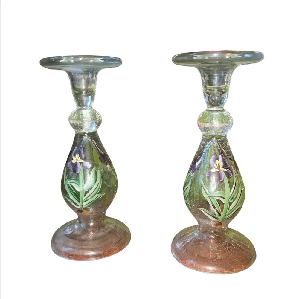 Pair of cracked glass iris candle sticks